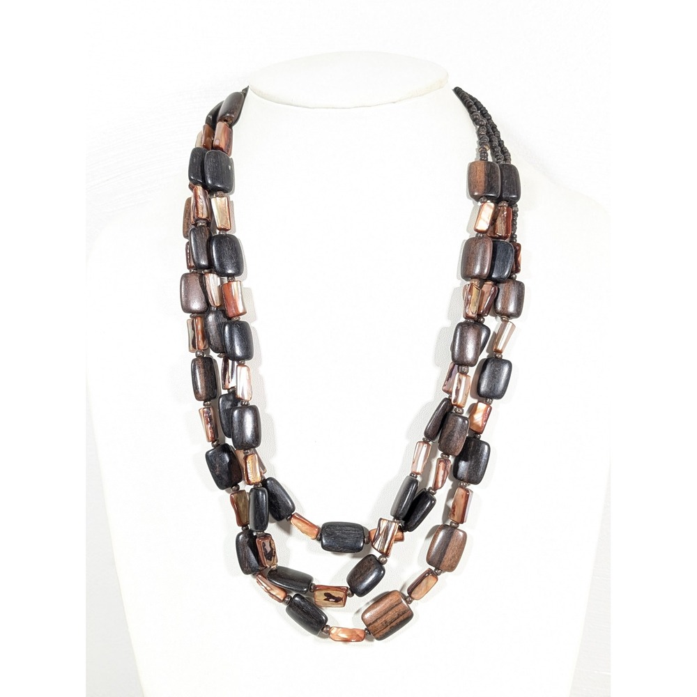 Brown Wood‎ & Shell Bead Multi Strand Necklace Boho Natural Statement 24"